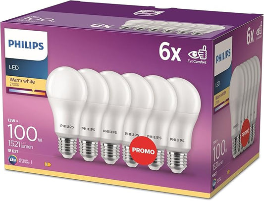 6er Sparpack: PHILIPS E27 LED, ersetzt 100W, warmweiß, blendfrei
