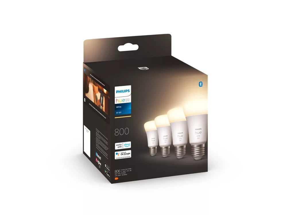 Philips Hue White E27 LED-Lampen (4er-Pack): 800lm, warmweiß, dimmbar, App & Alexa