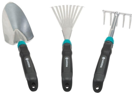 Gardena Comfort Gartenset 3-teilig – Blumenkelle, Kleinbesen & Rechen für Balkon & Beet (8964-60)