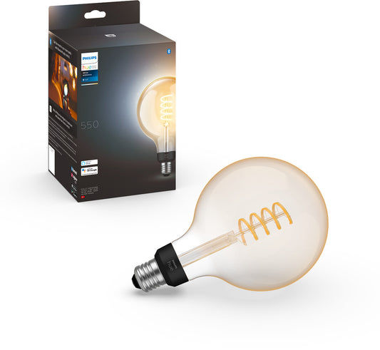 Philips Hue E27 Filament LED-Lampe G125 – dimmbar, White Ambiance (550 lm), App- & Sprachsteuerung, große Globe, 1er Pack