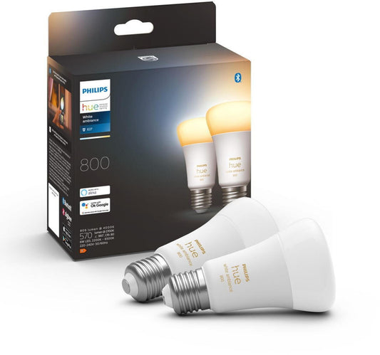 Philips Hue White Ambiance E27 LED Lampe (800lm) – Doppelpack für warm- bis kühlweißes Licht, dimmbar & App-steuerbar (Alexa kompatibel)