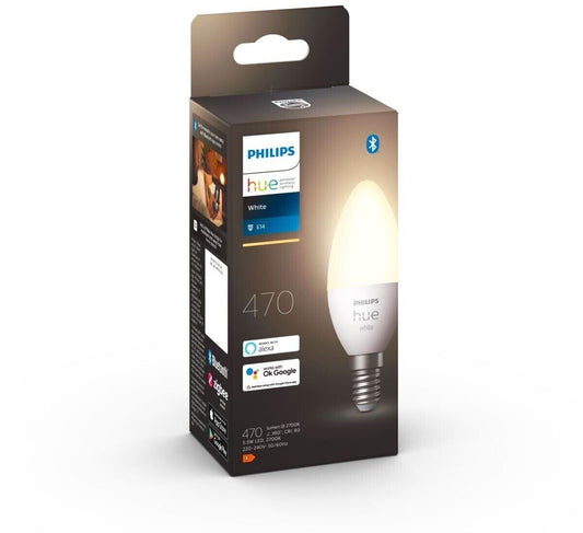 Philips Hue White E14 Kerzenlampe (470lm) – Einzelpack für warmweißes, smartes Licht (dimmbar, App/Alexa)