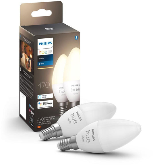 Philips Hue White E14 LED Kerzenlampe (470lm) – 2er Pack dimmbares Warmweiß, App- & Sprach-steuerbar
