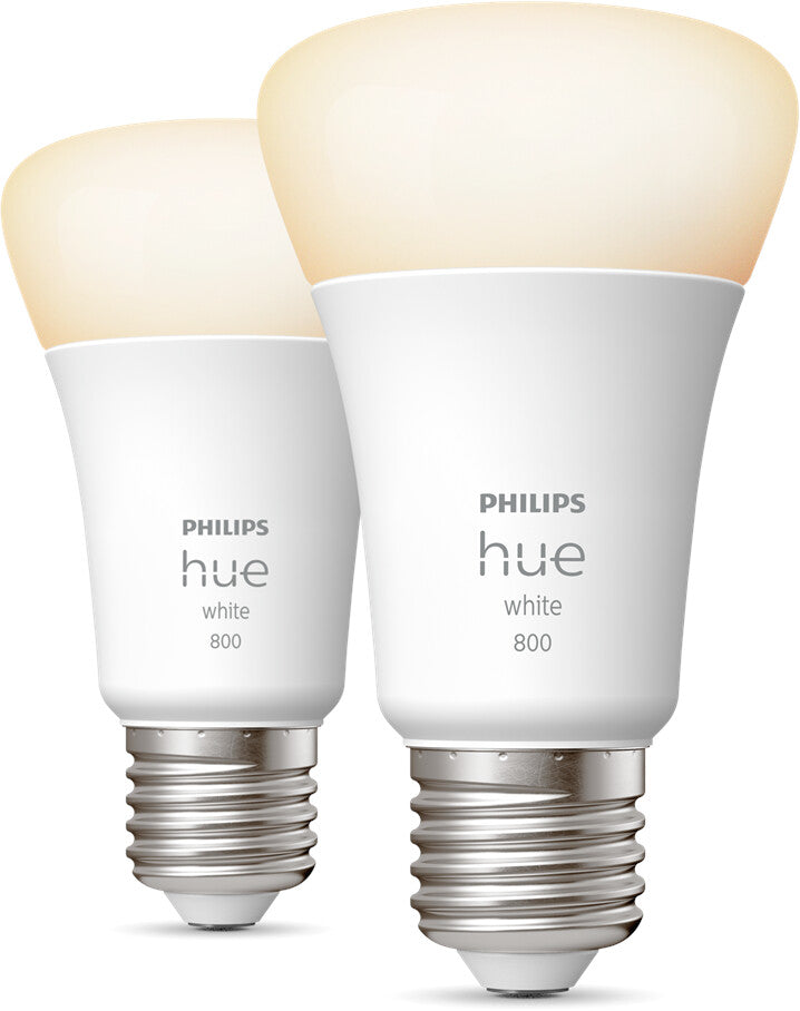 Philips Hue White E27 Doppelpack: Dimmbare 805lm Lampen (warmweiß, App & Alexa) [Energieklasse F]