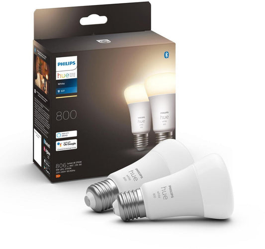 Philips Hue White E27 Doppelpack: Dimmbare 805lm Lampen (warmweiß, App & Alexa) [Energieklasse F]