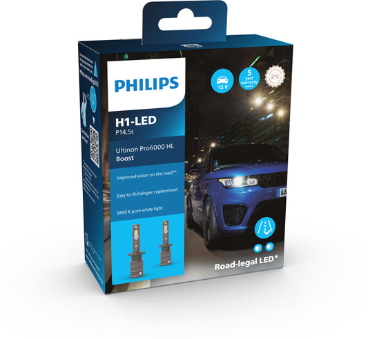Philips Ultinon Pro6000 Boost H1-LED: Straßenzugelassenes LED Scheinwerferlicht (5.800K, grau)*